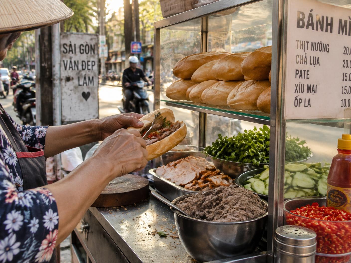 A street vendor building a bánh mì at a roadside stall
